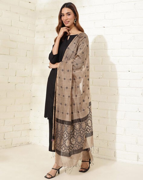 Women Woven Dupatta with Tassels Price in India