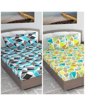 Set of 2 Geometric Print Fitted King-Size Bedsheets with Pillow Covers-image-7