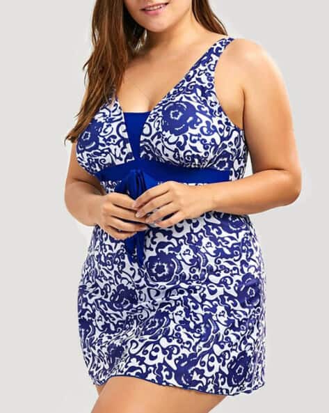 Women Floral Print One-Piece V-Cut Swim Dress with Attached Shorts