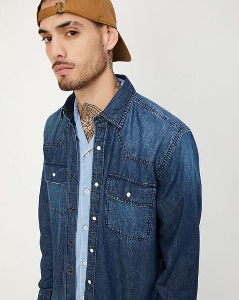 Men Regular Fit Denim Shirt with Flap Pockets