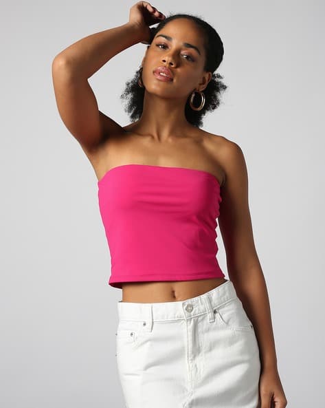 pink shoulderless top