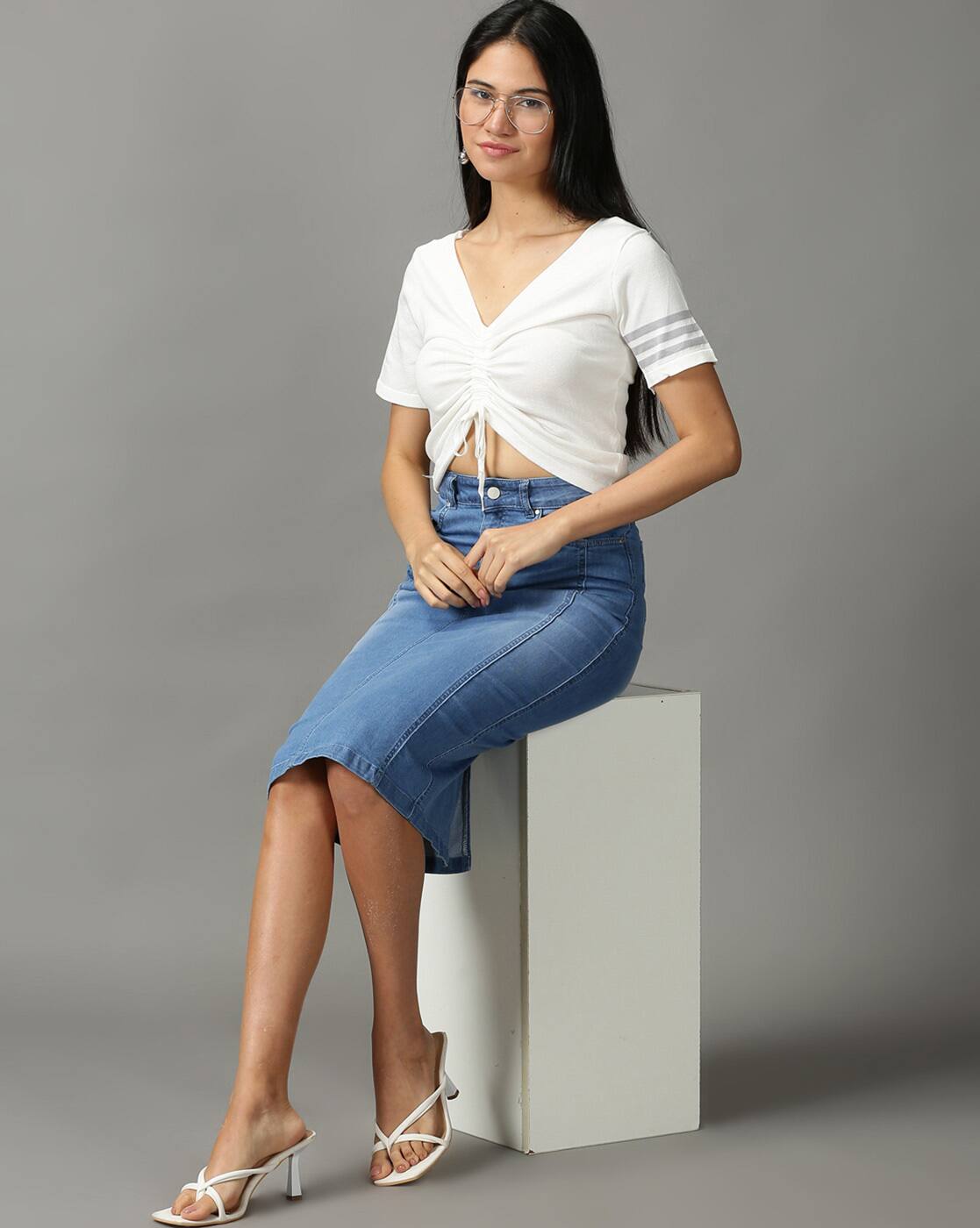Buy SHOWOFF V-Neck Crop Top with Elastic Front Online | Ajio.com