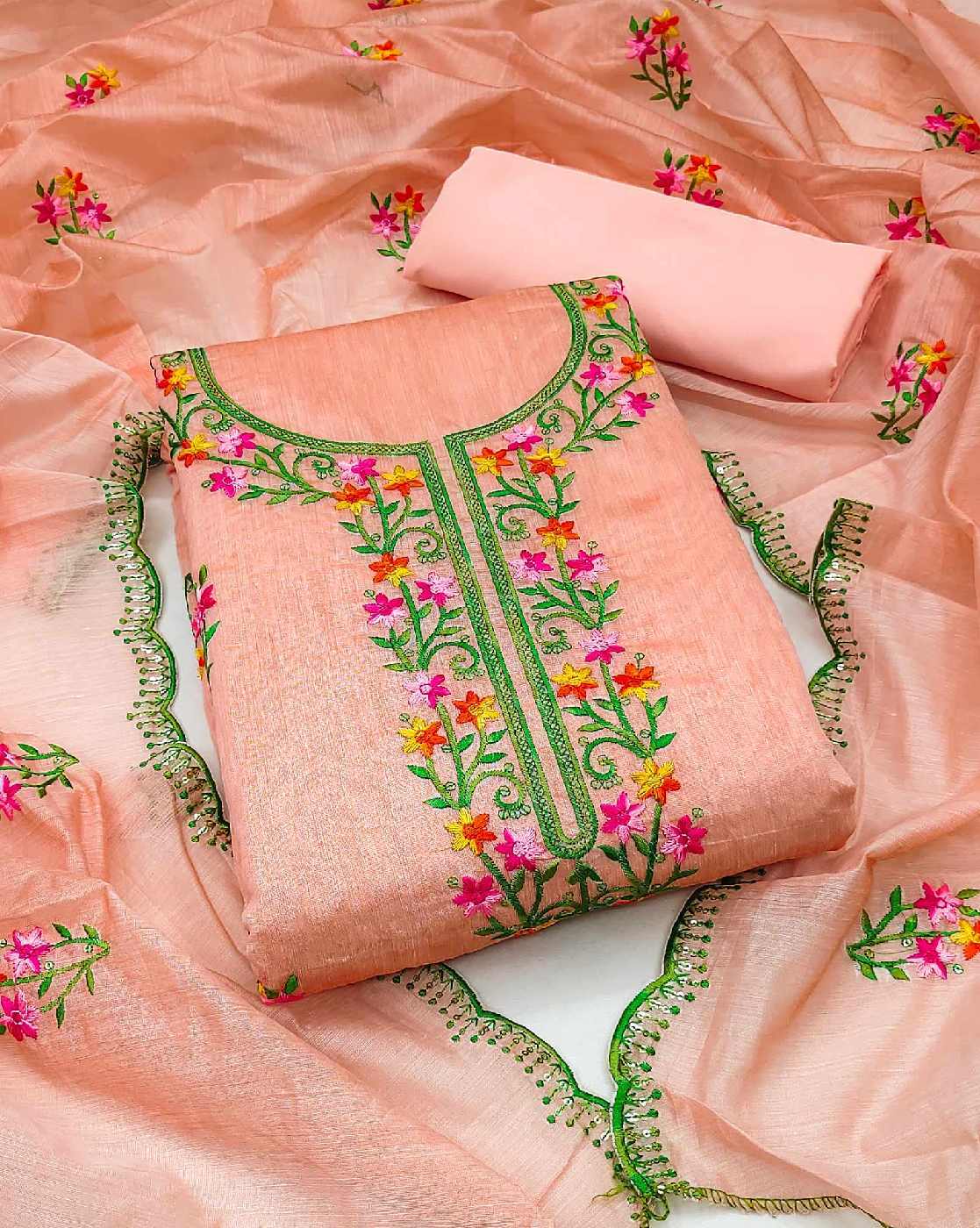 Peach-Coloured Embroidered fashion Unstitched Dress Material