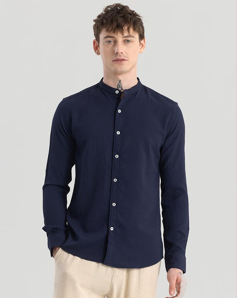 Men Slim Fit Shirt with Band-Collar