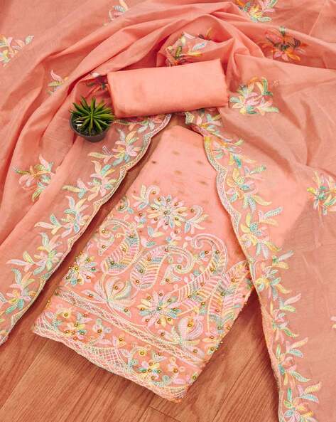 Peach-Coloured store Embroidered Unstitched Dress Material