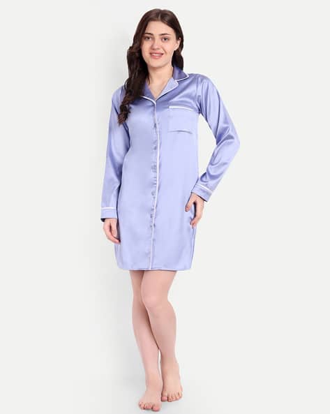 Women Button-Down Nightshirt with Patch-Pocket