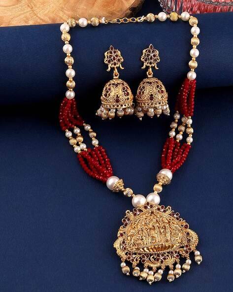 Women Gold-Plated Stone-Studded Beaded Temple Necklace Earrings Set