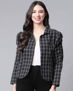 cottinfab Checked Front-Open Jacket with Puff Sleeves-picture-25