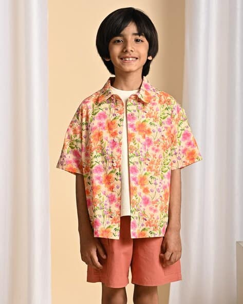 Boys Floral Print Oversized Fit Shirt
