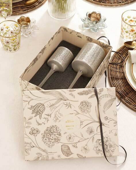 Pure Home And Living Set of 2 Floral Patterned Stem Glass Candle Holders