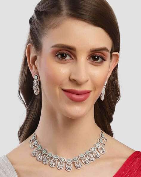 Cubic Zirconia Studded Necklace with Earrings