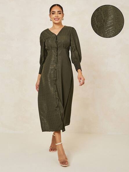 green emerald velvet dress Callista Long Sleeve Jacquard Dress - Olive Green Floral Print Jacquard  Midi Dress main image 1