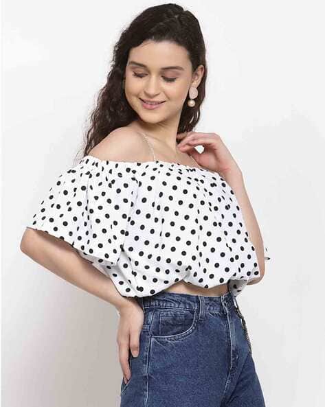 white polka dot off the shoulder top