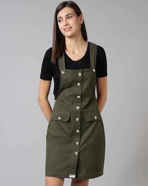 olive green dungaree dress Olive Corduroy Pinafore Mini Dress with Patch Pockets