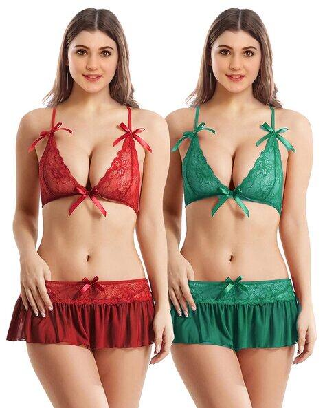 BEACH CURVE Women Pack of 2 Lace V-Neck Bras & Panties