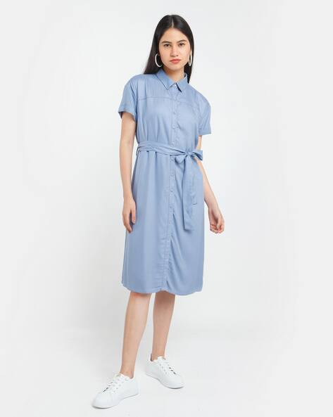 Zink London Solid Shirt Dress with Waist Tie-Up