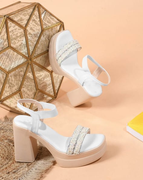 Block Heel Ankle Wrap White Toe Thong Heeled Sandals ZURI FLAT