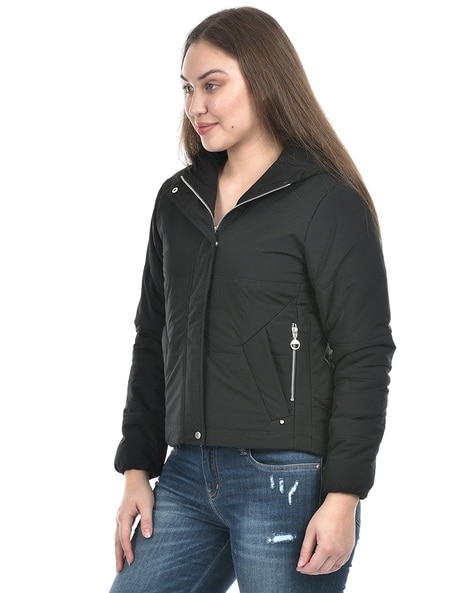 Black fashion bomber jacket womens with hood