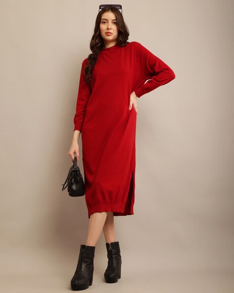 Women Ribbed Side-Slit Shift Dress