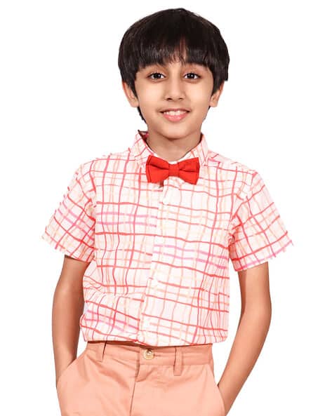 Boys Checked Shirt Shorts Set with Bow Tie