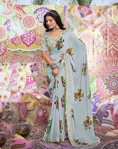 GRIVA DESIGNER Women Floral Print Saree with Contrast Border