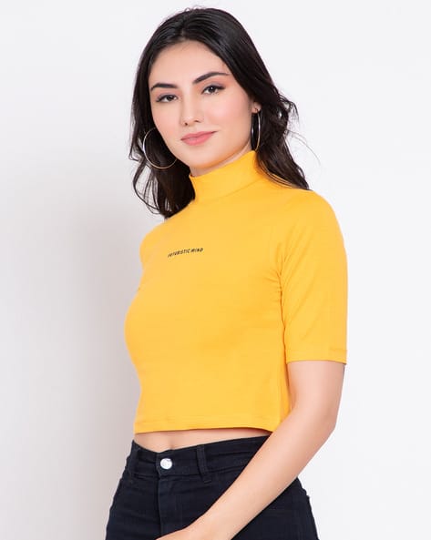 Typographic Print Crop Top with High-Neck