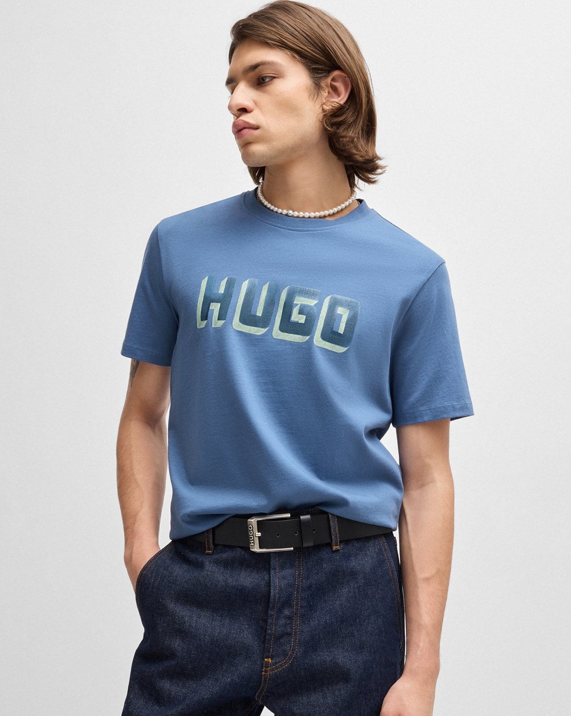 Buy HUGO Logo Print Cotton-Jersey Regular Fit T-Shirt Blue Color