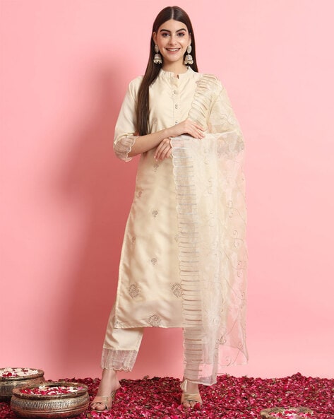 Women Embroidered Straight Kurta Set with Dupatta