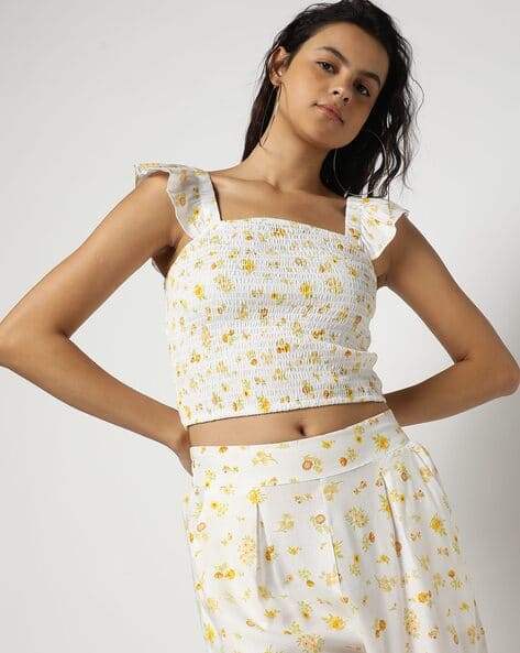 Women Floral Print Smocked Fitted Top