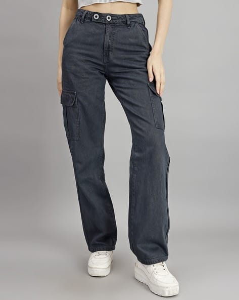 Women Relaxed Fit Cargo High-Rise Solid Clean Jeans