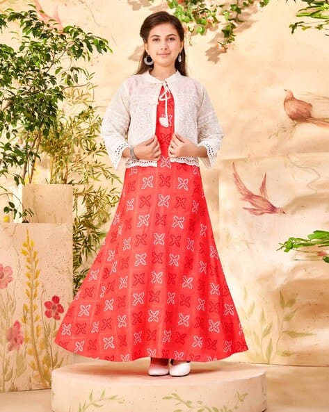 Girls Bandhani Print A-Line Dress with Jacket