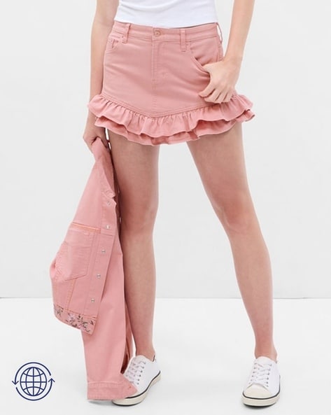 Pink denim ruffle skirt best sale