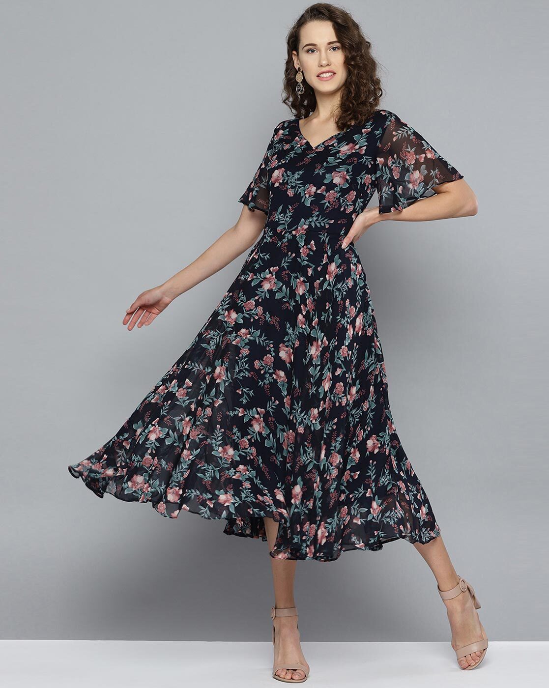 Flared floral print dress hotsell