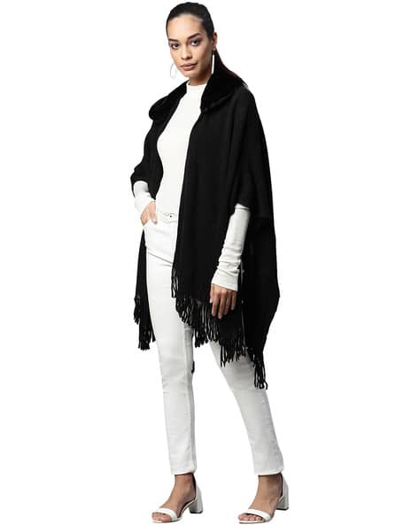 Front Open Fringe Cape Sweater