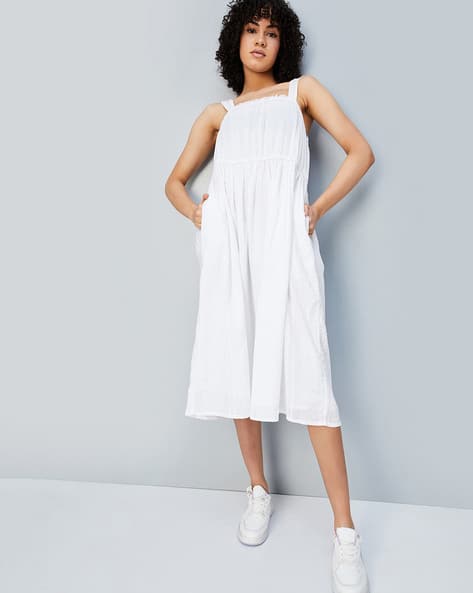 Women Seersucker Midi Fit Flare Dress
