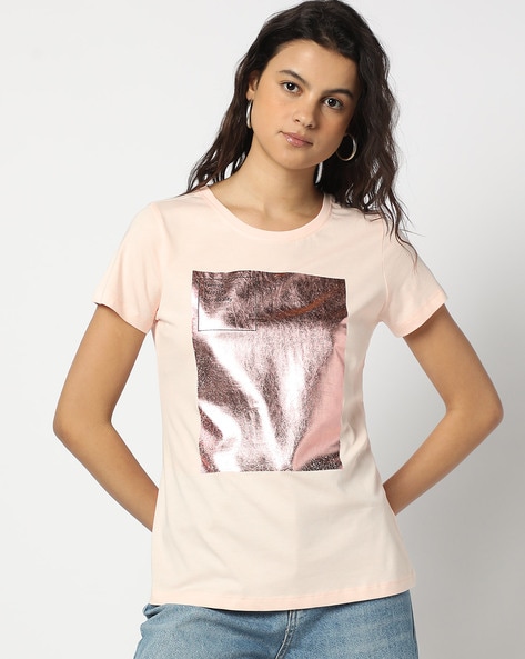 Women Foil Print Regular Fit Round-Neck T-Shirt