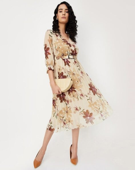 Women Floral Midi Fit Flare Dress with Belt