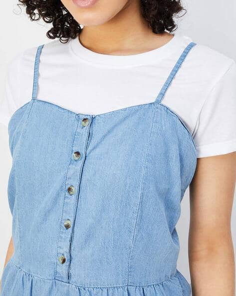 Women Midi Tiered Denim Dress with T-Shirt