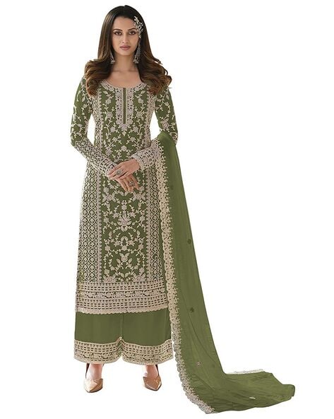 Embroidered Semi-Stitched Straight Dress Material Price in India