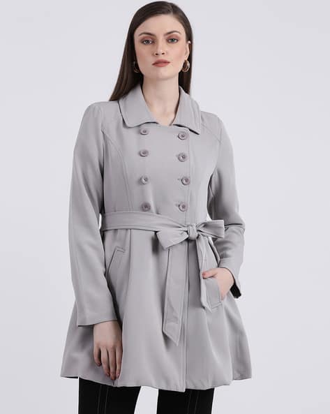 HOT Womens Coats Grey Tie Waist Coat Waist Tie-Up Swing Coat