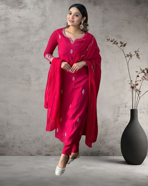 Women Embroidered Straight Kurta with Pants & Dupatta