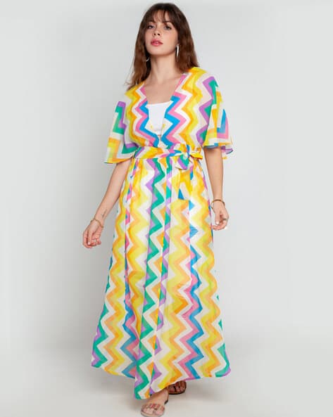 Zink London Chevron Print Shrug with Waist Tie-Up