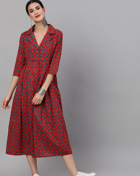 Aztec Print Spread Collar A Line Dress