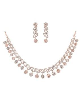women rose gold-plated stone-studded necklace & earrings set