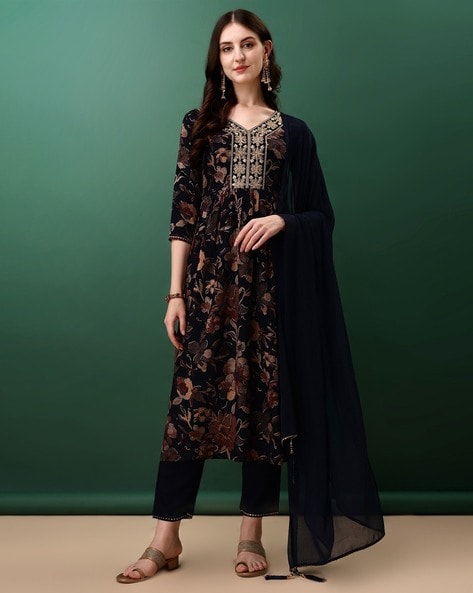 Women Embroidered Flared Kurta Set Price in India