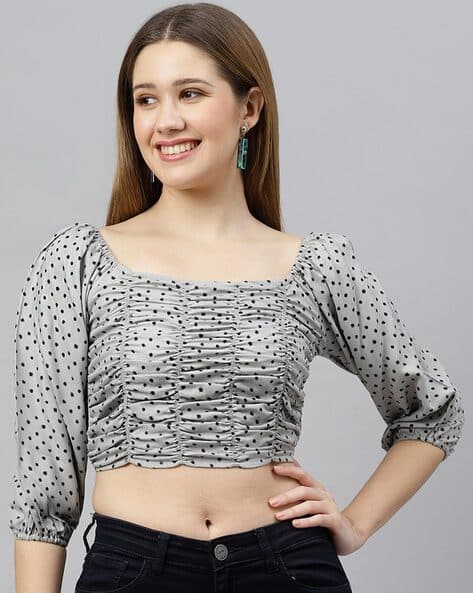grey polka dot blouse