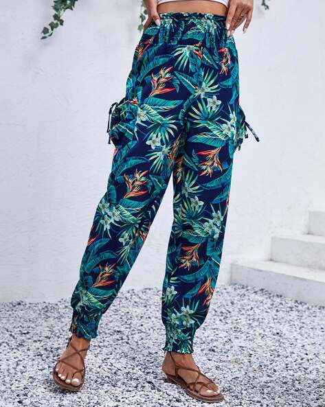 Women Tropical Print Relaxed Fit Cargo Pants