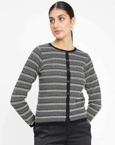 Madame Women Striped Round-Neck Cardigan