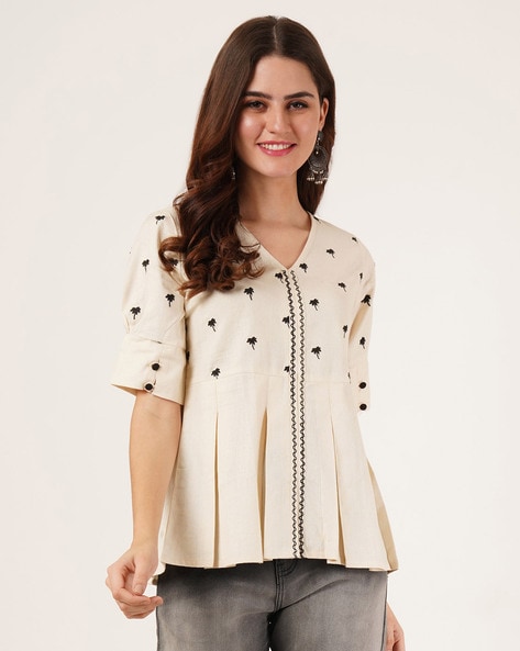 Women Embroidered Regular Fit V-Neck Top
