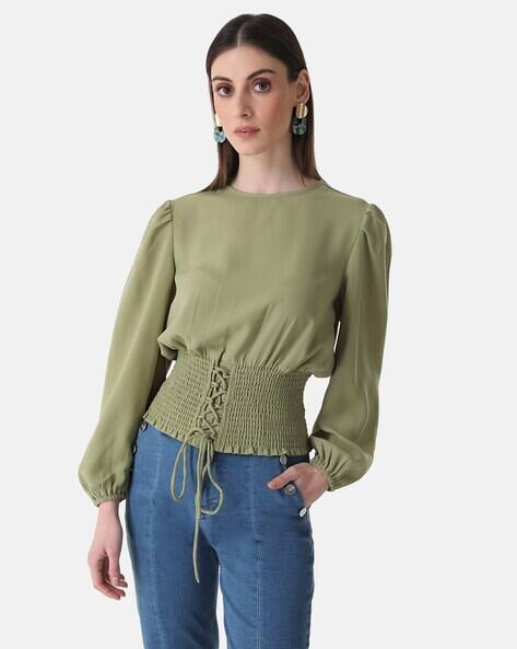 Kazo Round-Neck Top with Waist Shirring